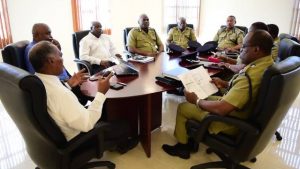 Cabinet members of the Nevis Island Administration headed by Premier of Nevis Hon. Vance Amory in meeting with members of the Royal St. Christopher and Nevis Police Force headed by Commissioner Ian Queeley at the Premier’s office at Pinney’s on October 28, 2018